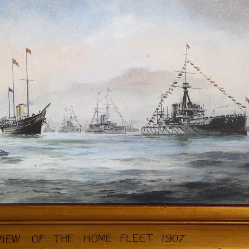 2808 - An overpainted colour print on board, review of the home fleet 1907, 20cm x 38cm overall, framed