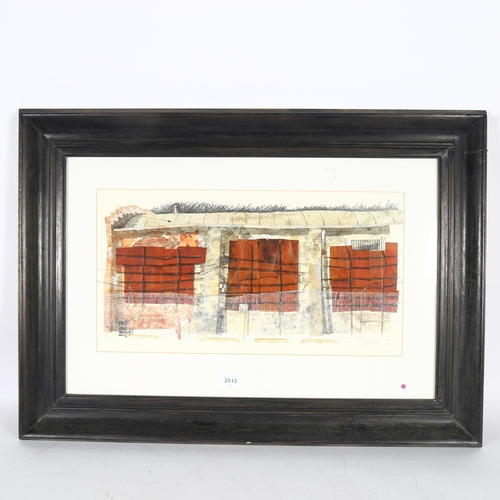 2815 - Mat Barber Kennedy, mixed media collage, Funeral Parking Only, signed and dated '95, 28cm x 53cm, fr... 