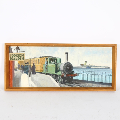 2816 - Oil on board, train study, Southern II outside the booking office, 32cm x 76cm overall, pine framed