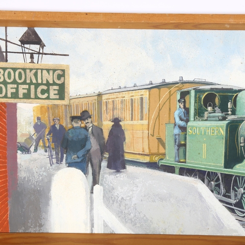 2816 - Oil on board, train study, Southern II outside the booking office, 32cm x 76cm overall, pine framed