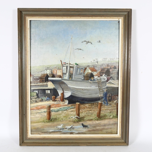 2820 - Dorothea Davies, oil on panel, boat repairs on Hastings Stade, with a card depicting the same image,... 