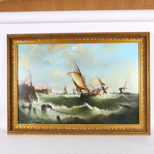 2823 - Max Brandrett, oil on canvas, French fishing boats off the coast in rough seas, 76cm x 106cm overall... 