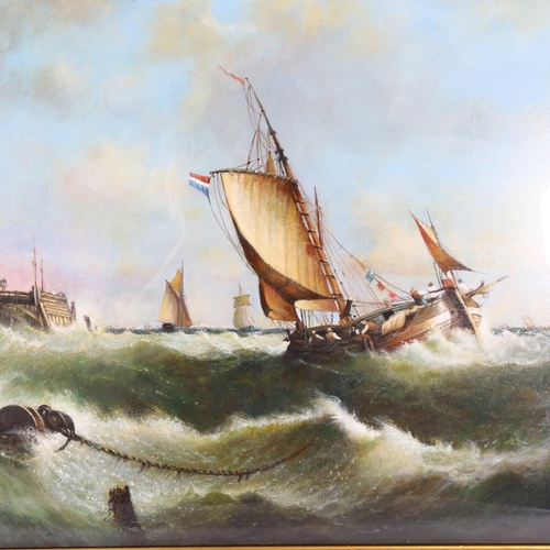 2823 - Max Brandrett, oil on canvas, French fishing boats off the coast in rough seas, 76cm x 106cm overall... 