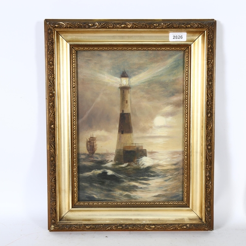 2826 - Oil on canvas, illuminated lighthouse study, 48cm x 39cm, overall, gilt-gesso framed, unsigned