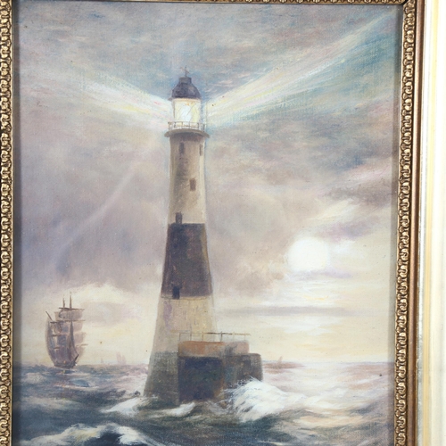 2826 - Oil on canvas, illuminated lighthouse study, 48cm x 39cm, overall, gilt-gesso framed, unsigned