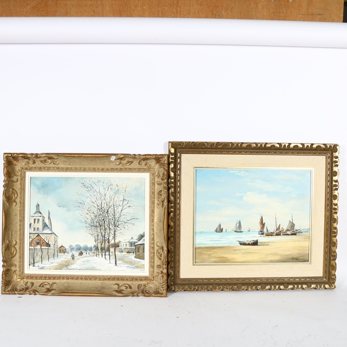 2828 - A Girard, 2 oils on canvas, snow swept street scene, and beached fishing boats, both with Alexander ... 