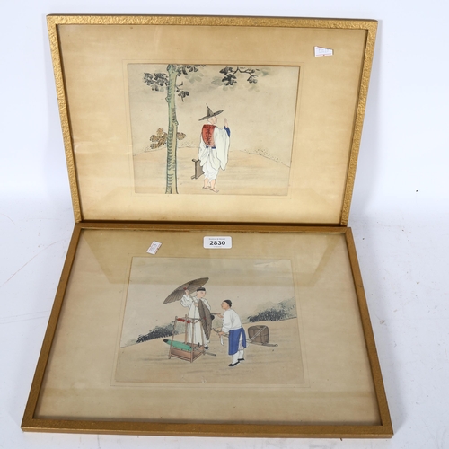 2830 - A pair of Chinese watercolour and gouache figure studies, 29cm x 39cm overall, framed