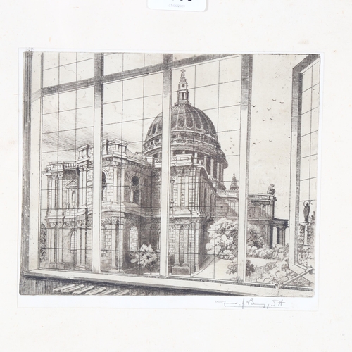 2833 - A 19th century monochrome engraving, view towards St Paul's Cathedral, indistinctly signed in pencil... 