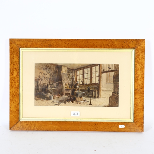 2840 - A 19th century watercolour, the blacksmith, 40cm x 59cm, maple-framed