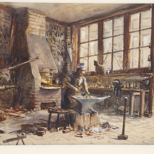 2840 - A 19th century watercolour, the blacksmith, 40cm x 59cm, maple-framed