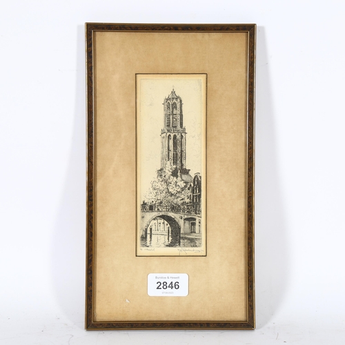 2846 - Hendrikus Elias Roodenburg (1895 - 1987), a small engraving, canal and church view, 29cm x 16cm, fra... 