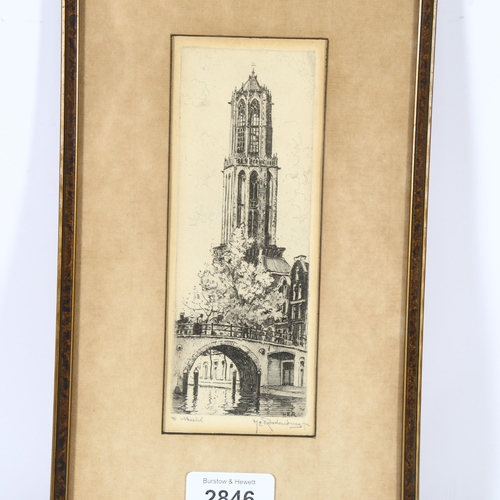 2846 - Hendrikus Elias Roodenburg (1895 - 1987), a small engraving, canal and church view, 29cm x 16cm, fra... 