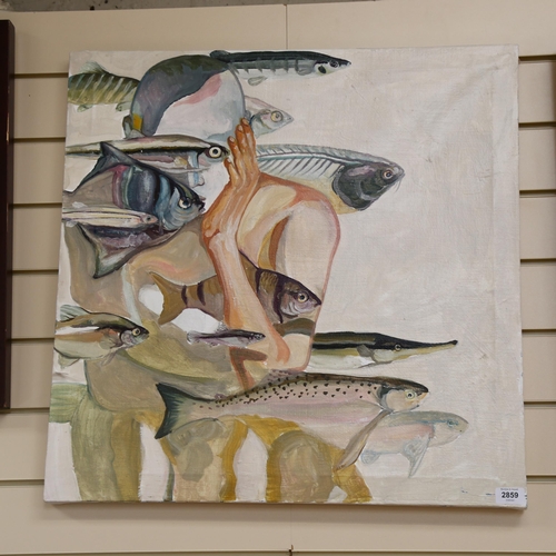 2859 - Clive Fredriksson, oil on canvas, man amongst fish, 60cm x 66cm overall, unframed