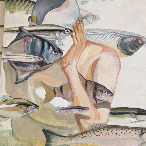 2859 - Clive Fredriksson, oil on canvas, man amongst fish, 60cm x 66cm overall, unframed