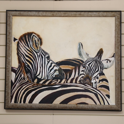 2864 - Clive Fredriksson, oil on board, study of zebras, 86cm x 100cm overall, framed