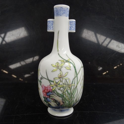 402 - A Chinese famille rose porcelain arrow bottle vase, hand painted and enamelled decoration, with rock... 