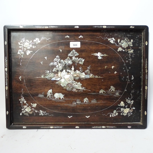 508 - 2 rectangular Chinese hardwood tea trays, both having mother-of-pearl inlaid decoration, largest 52 ... 