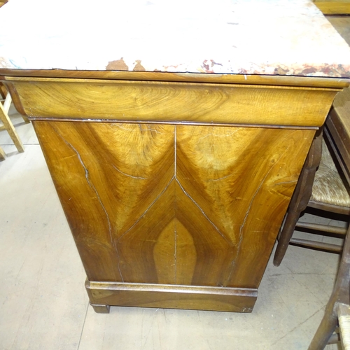 2122 - A French figured walnut four drawer commode with red and white veined marble top. 131x101x63cm.