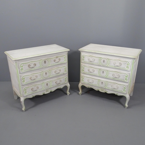 2053 - A pair of French painted chests of three long drawers, with carved decoration and cabriole legs. 80x... 