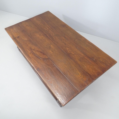 2068 - An antique oak two-tier plank top low coffee table. 153x46x86cm.