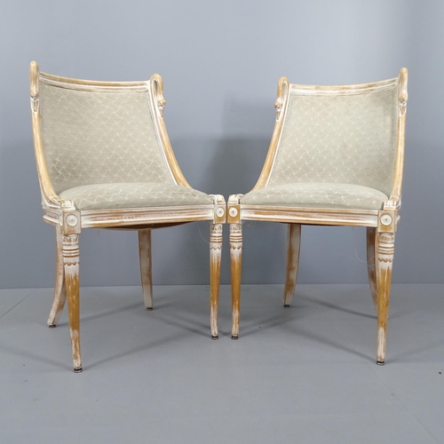 2090 - A pair of oak and upholstered French salon chairs with carved swan decoration.