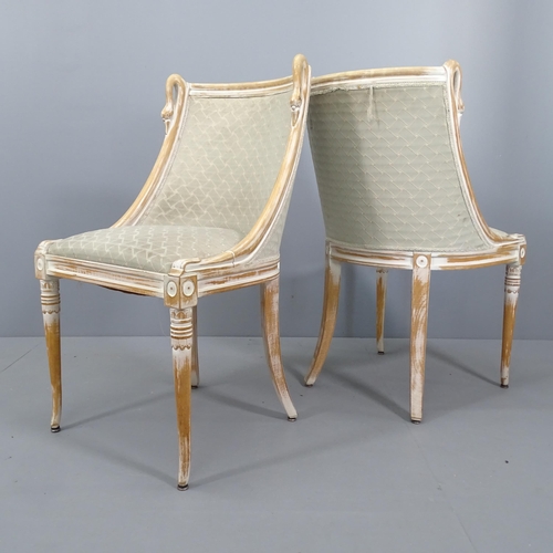 2090 - A pair of oak and upholstered French salon chairs with carved swan decoration.