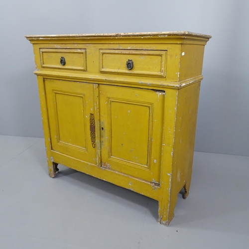 2091 - An antique painted pine sideboard, with two frieze drawers and cupboards under. 102x99x41cm. One hin... 