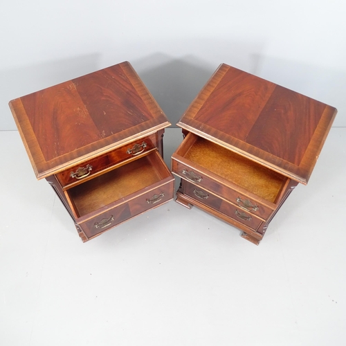 2096 - A pair of modern mahogany and satinwood strung bedside chests of three drawers. 52x69x40cm.