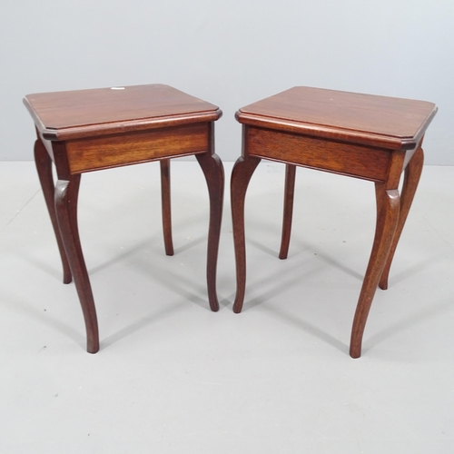 2099 - A pair of modern mahogany square-topped lamp tables, raised on cabriole legs. 29x42cm.