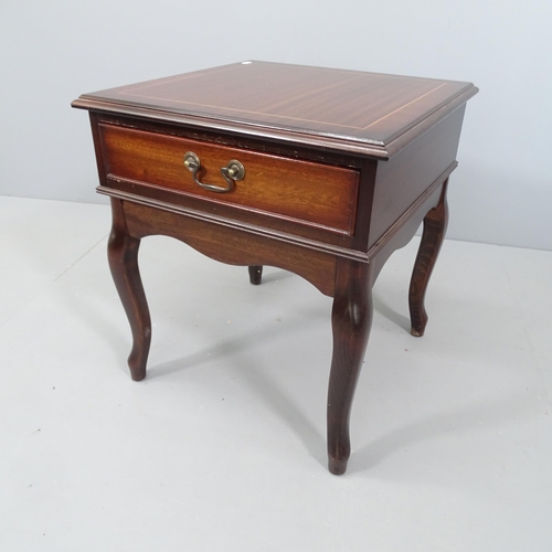 2100 - A modern mahogany square-topped lamp table, with single frieze drawer and cabriole legs. 51x57cm.