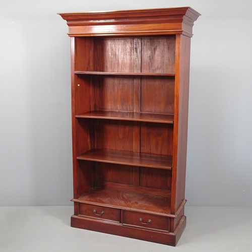 2105 - A tall mahogany open bookcase, with three adjustable shelves and drawers to base. 117x201x50cm.