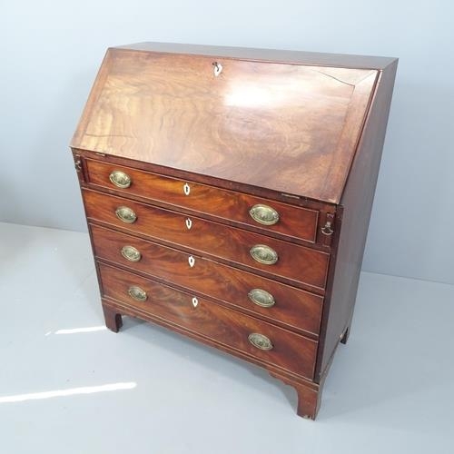 2108 - A Georgian mahogany bureau, the fall front revealing a fitted interior with four long drawers below,... 