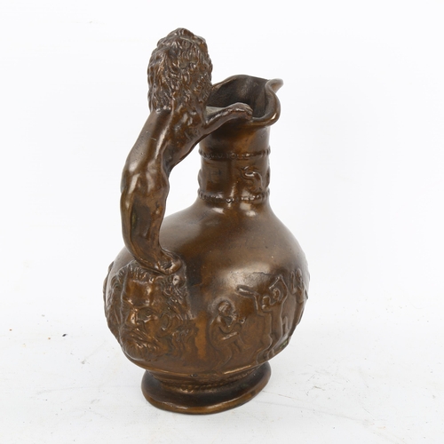 103 - A 19th century heavy cast patinated bronze Roman style wine ewer, with lion handle and relief moulde... 