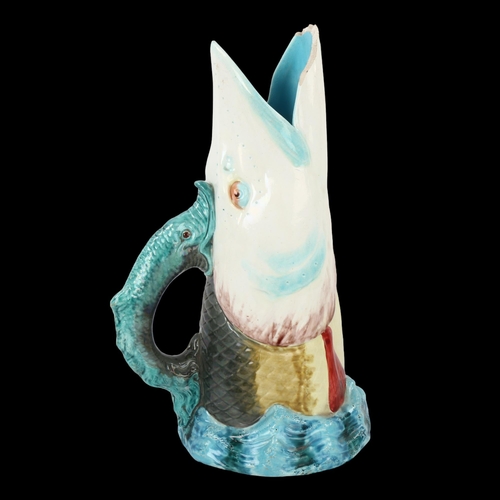 114 - A Wedgwood Majolica pottery pike design jug, with gurgle fish handle, height 30cm, A/F