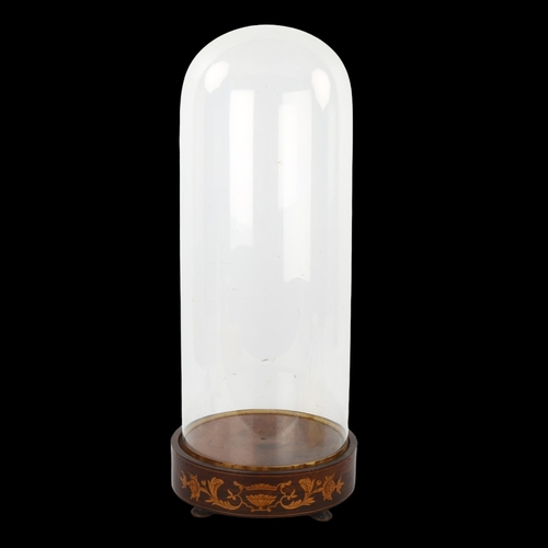 116 - A Victorian glass dome on original rosewood and marquetry inlaid stand, overall height 54cm