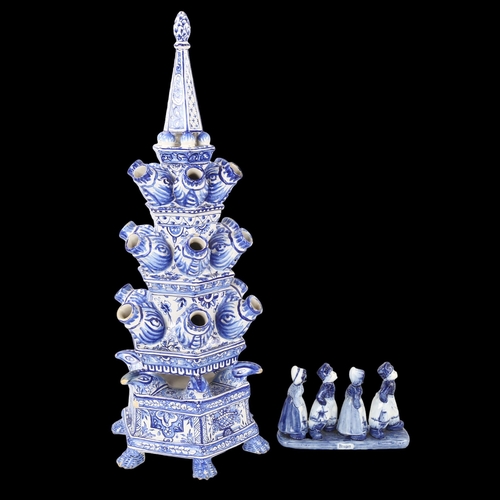 117 - A large Delft Pottery blue and white table centre flower stand, height 54cm, and a Delft group of ch... 