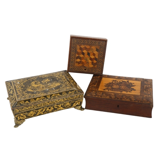 122 - 2 x 19th century Tunbridge Ware marquetry inlaid boxes, largest length 25cm, and a Regency penwork d... 