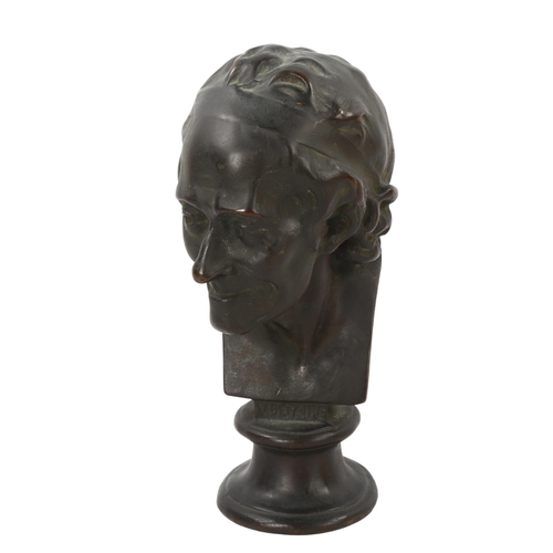 124 - A 19th century patinated bronze head and shoulders bust of Voltaire, unsigned, height 22cm