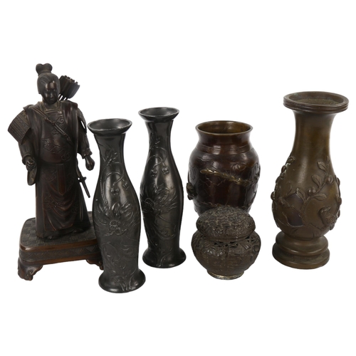 140 - A group of Chinese and Japanese metalware, including a bronze standing bowman, circa 1900, height 22... 