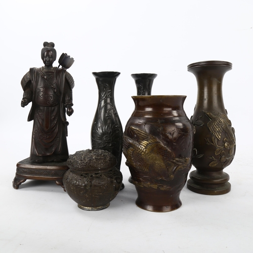 140 - A group of Chinese and Japanese metalware, including a bronze standing bowman, circa 1900, height 22... 