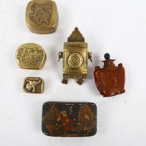 141 - A group of Oriental items, including 3 small brass boxes, a bone cylindrical cricket box etc (9)