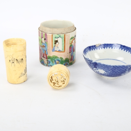 141 - A group of Oriental items, including 3 small brass boxes, a bone cylindrical cricket box etc (9)