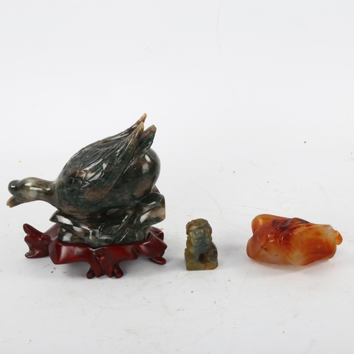 145 - 3 Chinese hardstone carvings, including an agate goose, length 11cm, a jade gourd design snuff bottl... 