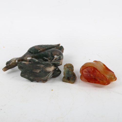 145 - 3 Chinese hardstone carvings, including an agate goose, length 11cm, a jade gourd design snuff bottl... 