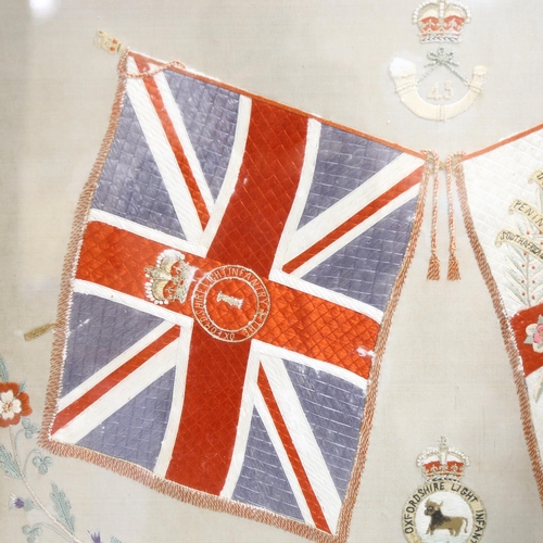 154 - The Oxfordshire Light Infantry, silk embroidered military pennant circa 1900, original ebonised fram... 