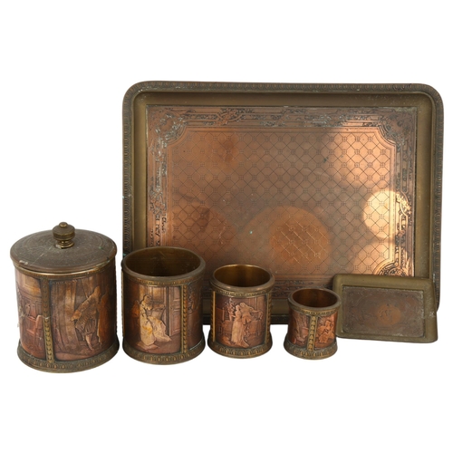 157 - A Victorian brass and copper desk tray, 29 x 22cm, with matching cylindrical pots and smaller tray (... 