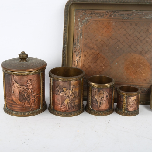 157 - A Victorian brass and copper desk tray, 29 x 22cm, with matching cylindrical pots and smaller tray (... 