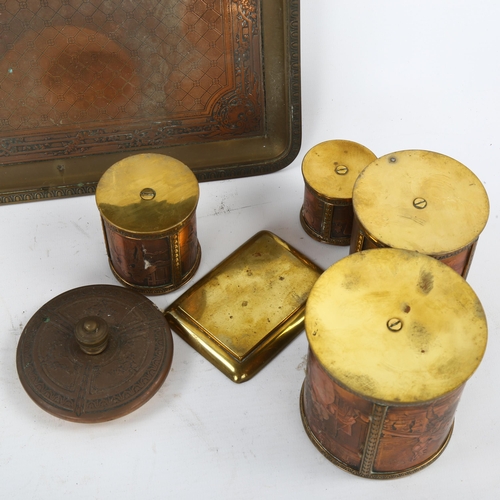 157 - A Victorian brass and copper desk tray, 29 x 22cm, with matching cylindrical pots and smaller tray (... 