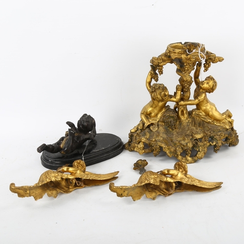 160 - A 19th century gilt-bronze table centre supported by cherubs, height 25cm, pair of gilt-bronze winge... 