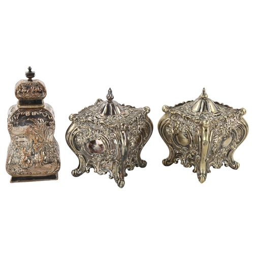 161 - A pair of 19th century electroplate tea caddies in Rococo style, height 11cm, and a silver plate on ... 